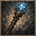 A dark sceptre crowned with a starry blue orb