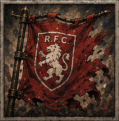 A tattered red war banner bearing a white lion and the letters R.F.C.